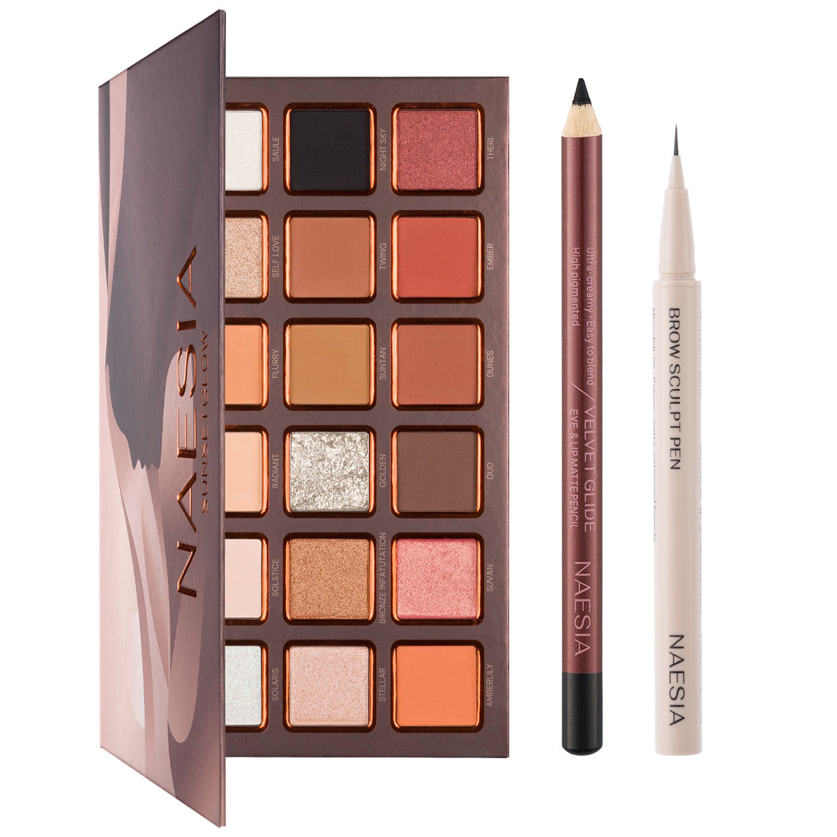 Set Paletă 18 Farduri Sunset Glow, Creion de Ochi Velvet Glide și Cariocă de Sprâncene Brow Pen