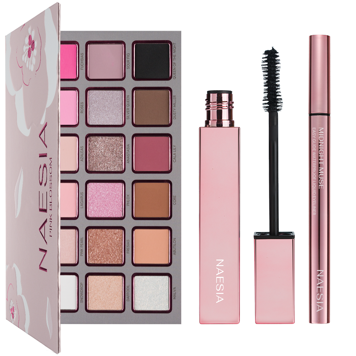 Set Paleta de Farduri Pink Blossom, Mascara 3 in 1 si Tus De Ochi Lichid Waterproof