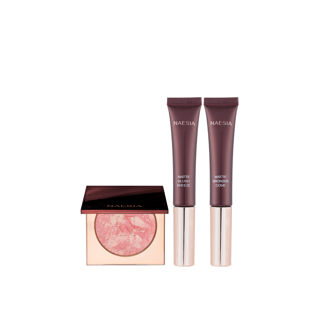 Set Bronzer Lichid Mat, Iluminator Pudră Baked Highlighter si Fard De Obraz Lichid