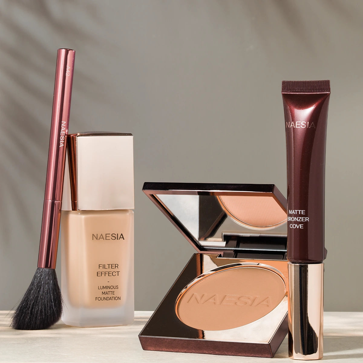 Bronze Dimension Set - Set Bronzer Lichid Mat Cove, Bronzer Compact Mat Cove, Fond de Ten Filter Effect Hidratant Full Coverage și Pensula A42