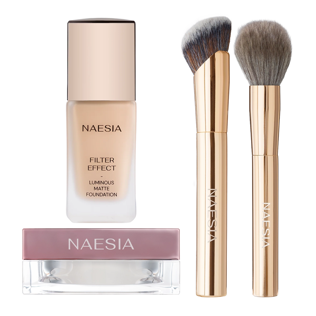 Set Fond de Ten Filter Effect, Pudra Pulbere Iluminatoare de Fixare Radiant, Pensula Machiaj FILTER EFFECT for Foundation si Pensula Machiaj FILTER EFFECT for Powder
