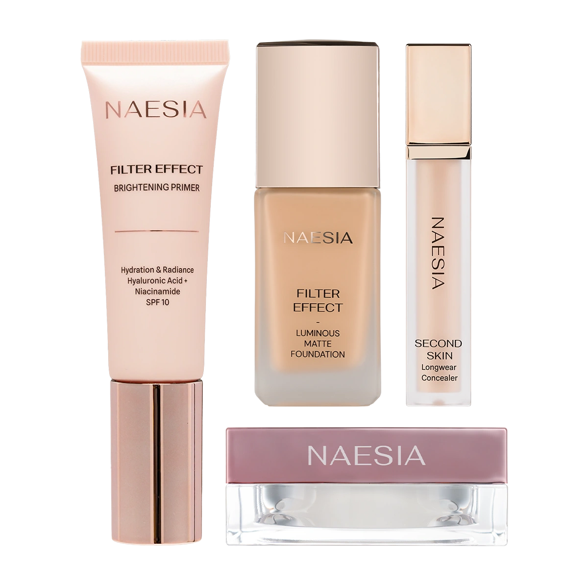 Set Fond de Ten, Concealer, Primer Iluminator cu SPF 10 si Pudră Pulbere Iluminatoare de Fixare