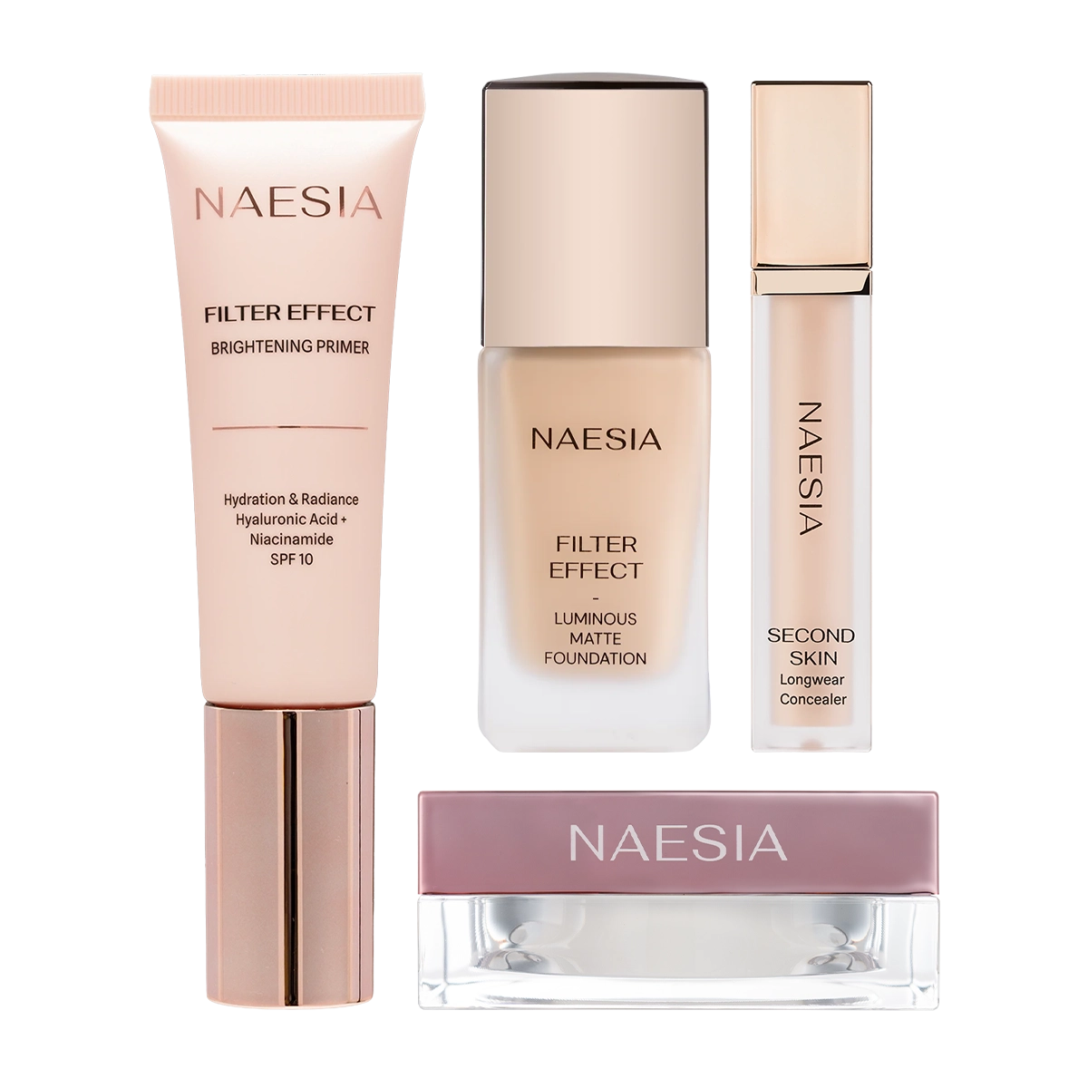 Set Fond de Ten, Concealer, Primer Iluminator cu SPF 10 si Pudră Pulbere Iluminatoare de Fixare